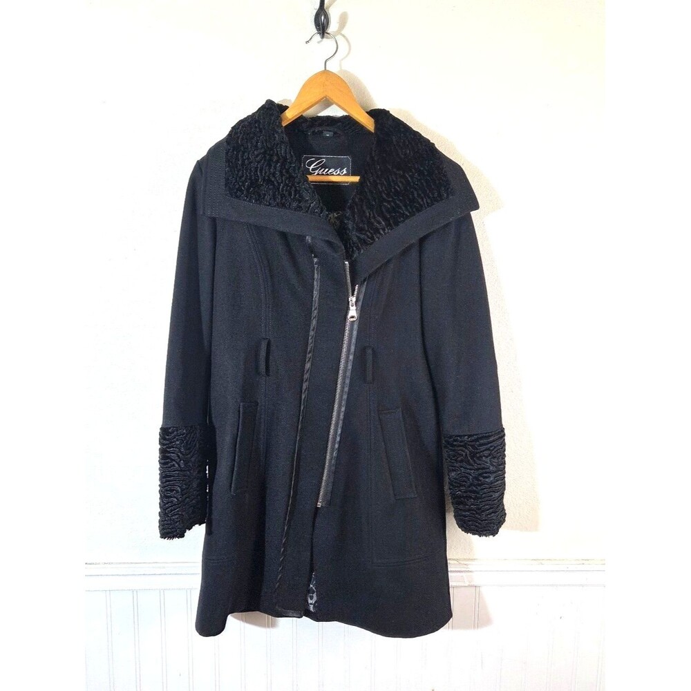 Guess Womens Wool Blend Coat M Black Faux Fur Velvet Collar Zip Missing Belt